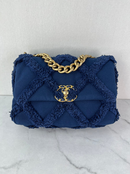 CHANEL Navy Blue Cotton Canvas Quilted Small/Medium Chanel 19 Flap Shoulder/Crossbody Bag