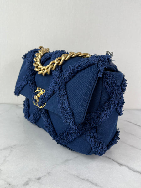 CHANEL Navy Blue Cotton Canvas Quilted Small/Medium Chanel 19 Flap Shoulder/Crossbody Bag