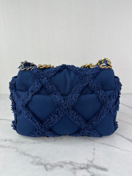 CHANEL Navy Blue Cotton Canvas Quilted Small/Medium Chanel 19 Flap Shoulder/Crossbody Bag