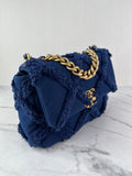 CHANEL Navy Blue Cotton Canvas Quilted Small/Medium Chanel 19 Flap Shoulder/Crossbody Bag