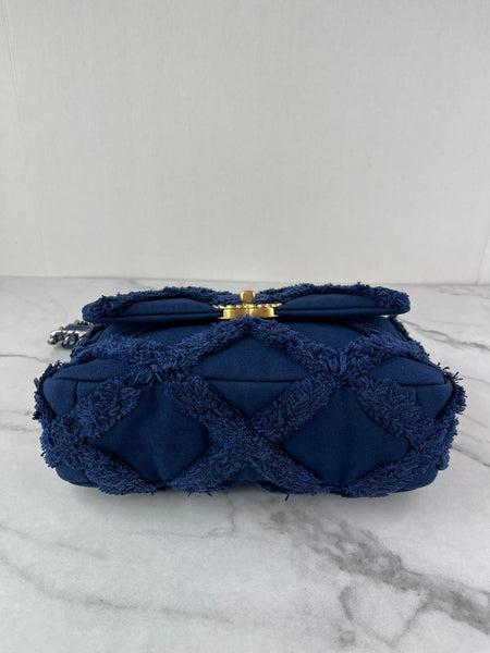 CHANEL Navy Blue Cotton Canvas Quilted Small/Medium Chanel 19 Flap Shoulder/Crossbody Bag