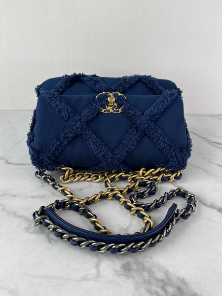 CHANEL Navy Blue Cotton Canvas Quilted Small/Medium Chanel 19 Flap Shoulder/Crossbody Bag