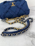 CHANEL Navy Blue Cotton Canvas Quilted Small/Medium Chanel 19 Flap Shoulder/Crossbody Bag