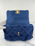 CHANEL Navy Blue Cotton Canvas Quilted Small/Medium Chanel 19 Flap Shoulder/Crossbody Bag
