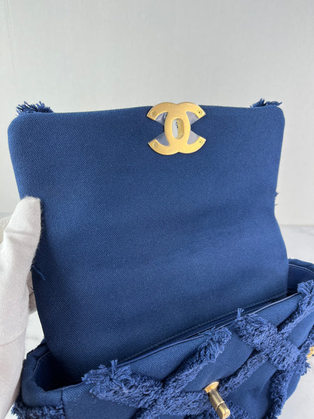 CHANEL Navy Blue Cotton Canvas Quilted Small/Medium Chanel 19 Flap Shoulder/Crossbody Bag