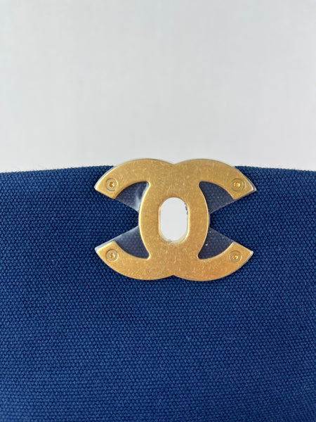 CHANEL Navy Blue Cotton Canvas Quilted Small/Medium Chanel 19 Flap Shoulder/Crossbody Bag