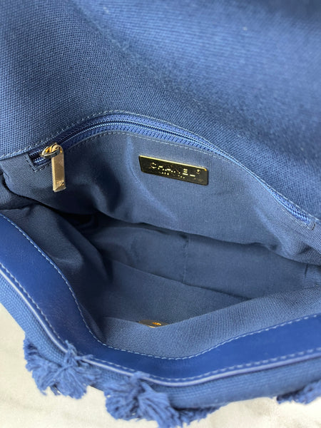 CHANEL Navy Blue Cotton Canvas Quilted Small/Medium Chanel 19 Flap Shoulder/Crossbody Bag