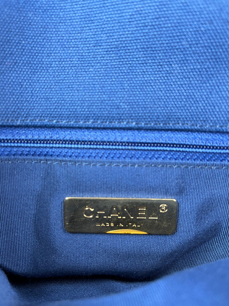 CHANEL Navy Blue Cotton Canvas Quilted Small/Medium Chanel 19 Flap Shoulder/Crossbody Bag