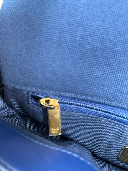 CHANEL Navy Blue Cotton Canvas Quilted Small/Medium Chanel 19 Flap Shoulder/Crossbody Bag