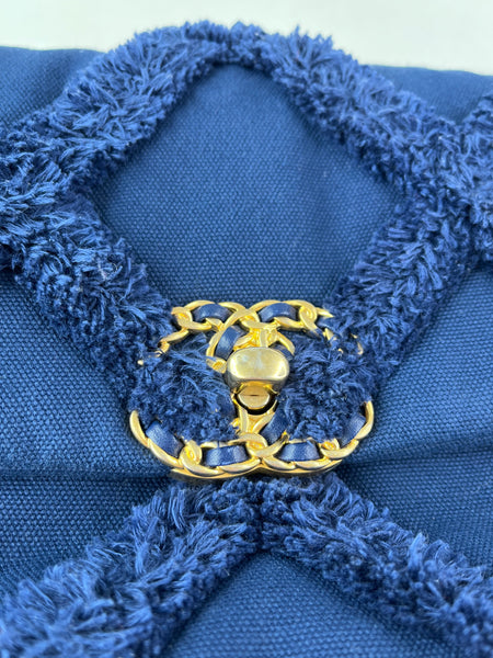 CHANEL Navy Blue Cotton Canvas Quilted Small/Medium Chanel 19 Flap Shoulder/Crossbody Bag