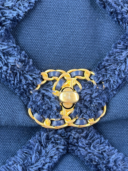 CHANEL Navy Blue Cotton Canvas Quilted Small/Medium Chanel 19 Flap Shoulder/Crossbody Bag