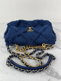 CHANEL Navy Blue Cotton Canvas Quilted Small/Medium Chanel 19 Flap Shoulder/Crossbody Bag