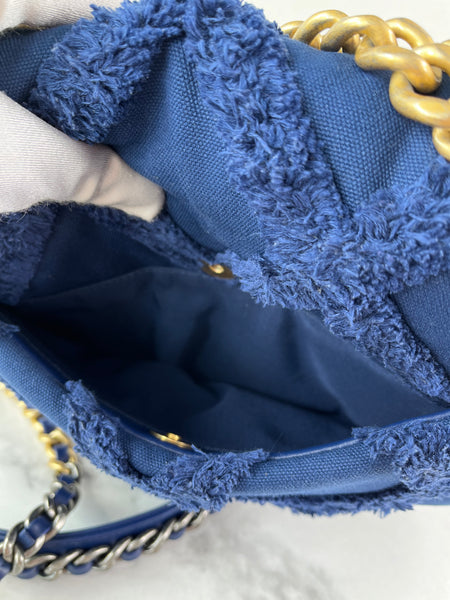 CHANEL Navy Blue Cotton Canvas Quilted Small/Medium Chanel 19 Flap Shoulder/Crossbody Bag