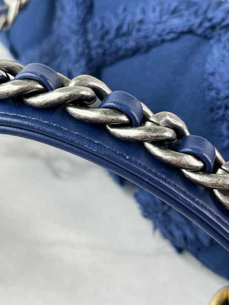 CHANEL Navy Blue Cotton Canvas Quilted Small/Medium Chanel 19 Flap Shoulder/Crossbody Bag