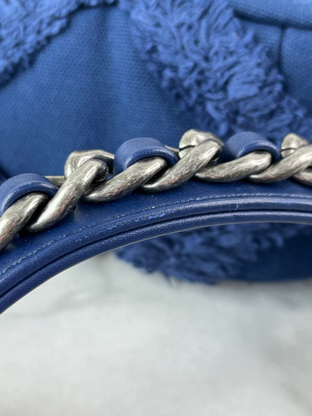 CHANEL Navy Blue Cotton Canvas Quilted Small/Medium Chanel 19 Flap Shoulder/Crossbody Bag