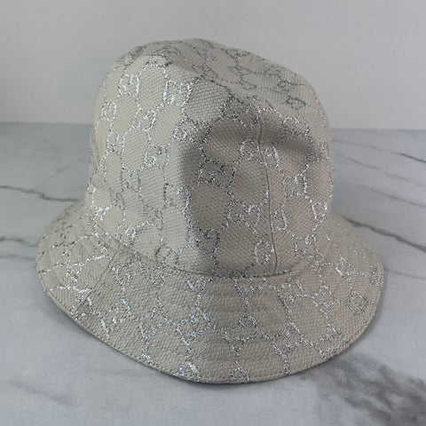 GUCCI GG Glittering Lamé White Bucket Hat Size S