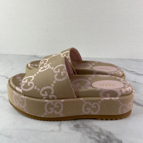 GUCCI Beige/Perfect Pink Monogram Jumbo GG Angelina Platform 55mm Slide Sandals Size 38.5