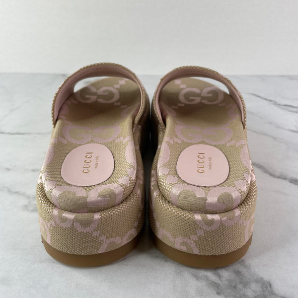 GUCCI Beige/Perfect Pink Monogram Jumbo GG Angelina Platform 55mm Slide Sandals Size 38.5