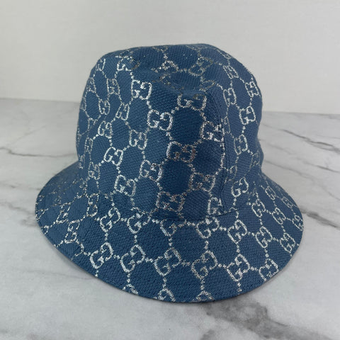 GUCCI GG Glittering Lamé Turquoise Blue Bucket Hat Size S