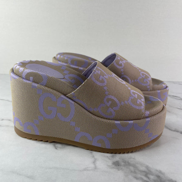 GUCCI Beige Lapis (light purple) Monogram Jumbo GG Platform Slide Wedge Sandals Size 39