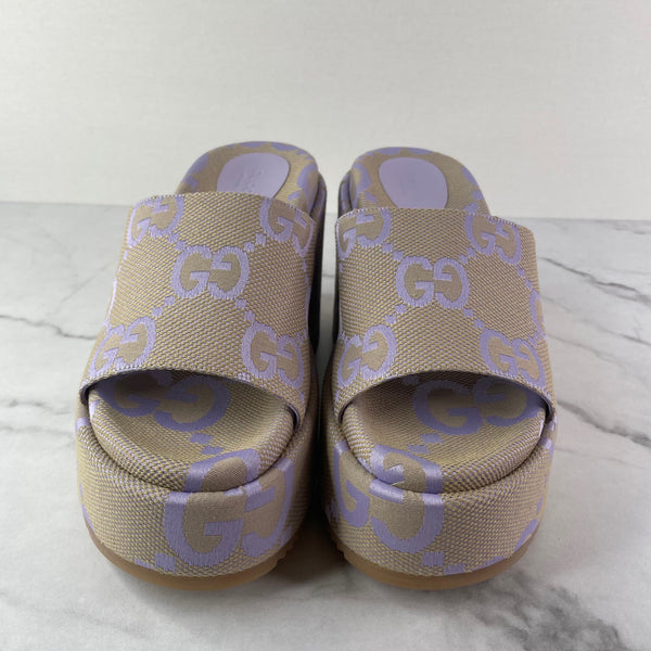 GUCCI Beige Lapis (light purple) Monogram Jumbo GG Platform Slide Wedge Sandals Size 39