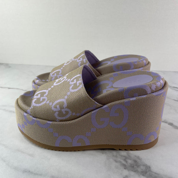 GUCCI Beige Lapis (light purple) Monogram Jumbo GG Platform Slide Wedge Sandals Size 39