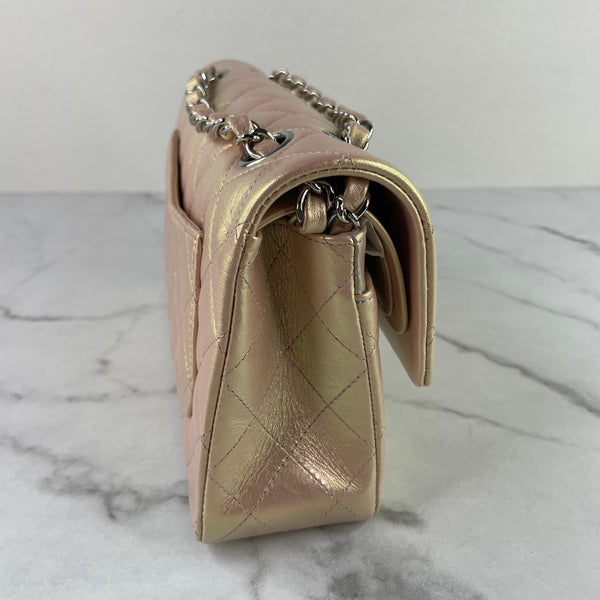 CHANEL Lambskin Iridescent Rose Pink Quilted Small Double Flap Bag