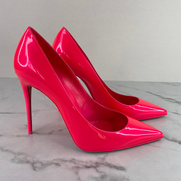 Christian Louboutin Kate Fluo Pink 100MM Patent Leather Pumps Size 40
