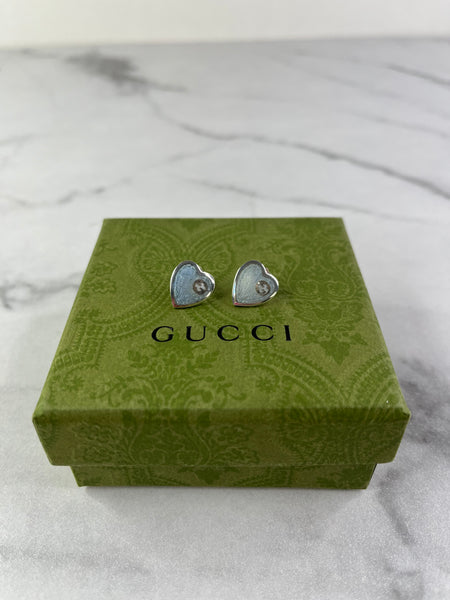 GUCCI Light Blue Enamel Interlocking G Heart Stud Earrings