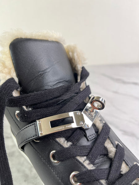 Hermes Black Ecru Calfskin Woolskin Daydream Sneakers Size 37.5