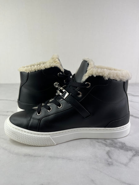 Hermes Black Ecru Calfskin Woolskin Daydream Sneakers Size 37.5