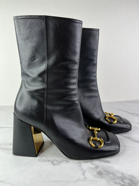 GUCCI Black Leather Horsebit ankle boots Size 40