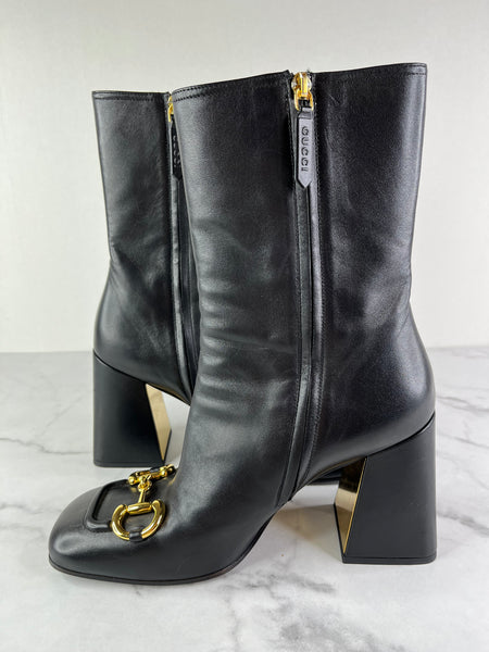 GUCCI Black Leather Horsebit ankle boots Size 40