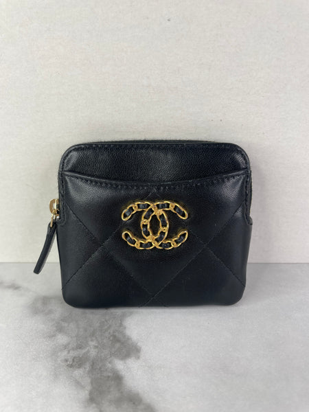 CHANEL Black Lambskin Quilted 19 Zip Card Holder Wallet