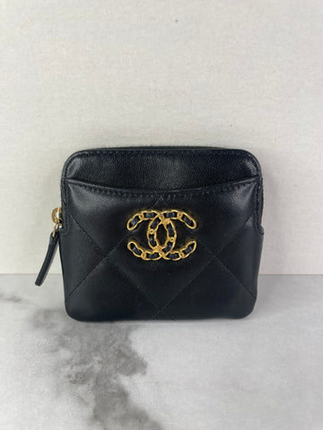 CHANEL Black Lambskin Quilted 19 Zip Card Holder Wallet