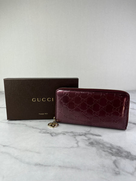 GUCCI Guccissima Metallic Burgundy Patent Zip Around Long Wallet