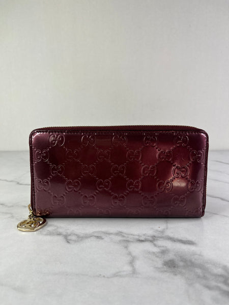 GUCCI Guccissima Metallic Burgundy Patent Zip Around Long Wallet