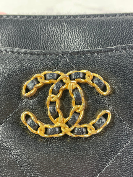 CHANEL Black Lambskin Quilted 19 Zip Card Holder Wallet
