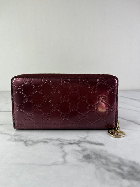 GUCCI Guccissima Metallic Burgundy Patent Zip Around Long Wallet