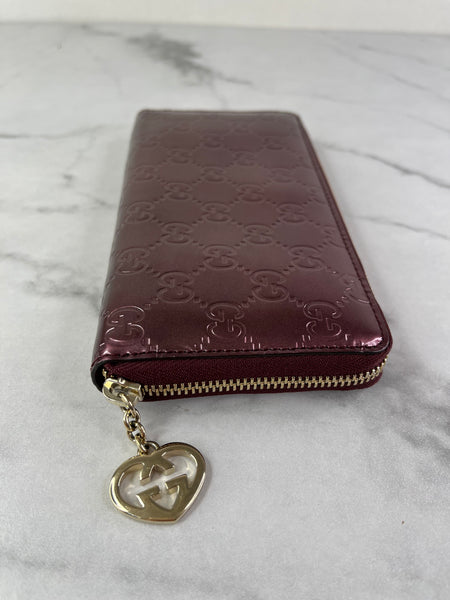 GUCCI Guccissima Metallic Burgundy Patent Zip Around Long Wallet