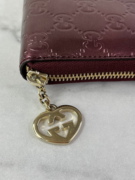 GUCCI Guccissima Metallic Burgundy Patent Zip Around Long Wallet