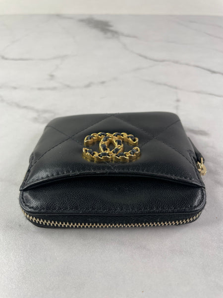 CHANEL Black Lambskin Quilted 19 Zip Card Holder Wallet