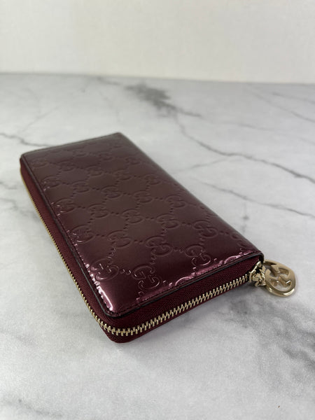 GUCCI Guccissima Metallic Burgundy Patent Zip Around Long Wallet