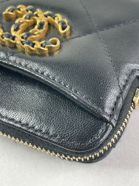 CHANEL Black Lambskin Quilted 19 Zip Card Holder Wallet