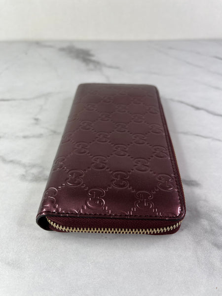 GUCCI Guccissima Metallic Burgundy Patent Zip Around Long Wallet