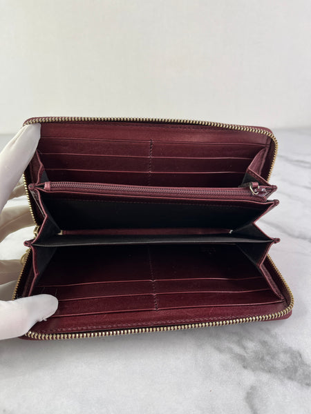 GUCCI Guccissima Metallic Burgundy Patent Zip Around Long Wallet