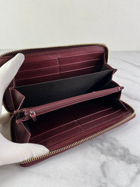 GUCCI Guccissima Metallic Burgundy Patent Zip Around Long Wallet