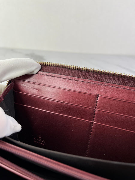 GUCCI Guccissima Metallic Burgundy Patent Zip Around Long Wallet