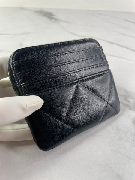 CHANEL Black Lambskin Quilted 19 Zip Card Holder Wallet
