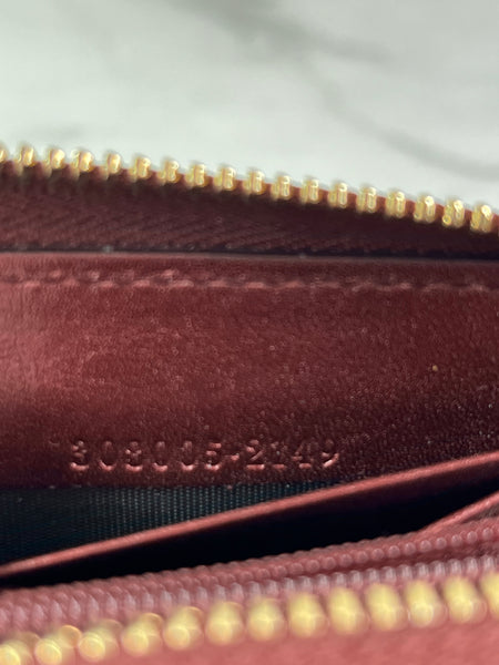 GUCCI Guccissima Metallic Burgundy Patent Zip Around Long Wallet